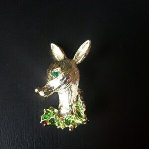 Vintage Reindeer Head Silver tone Brooch Holy Green rhinestone eye